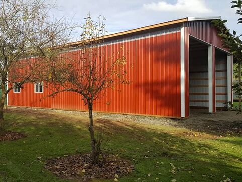 Picture of a large red metal pole building.